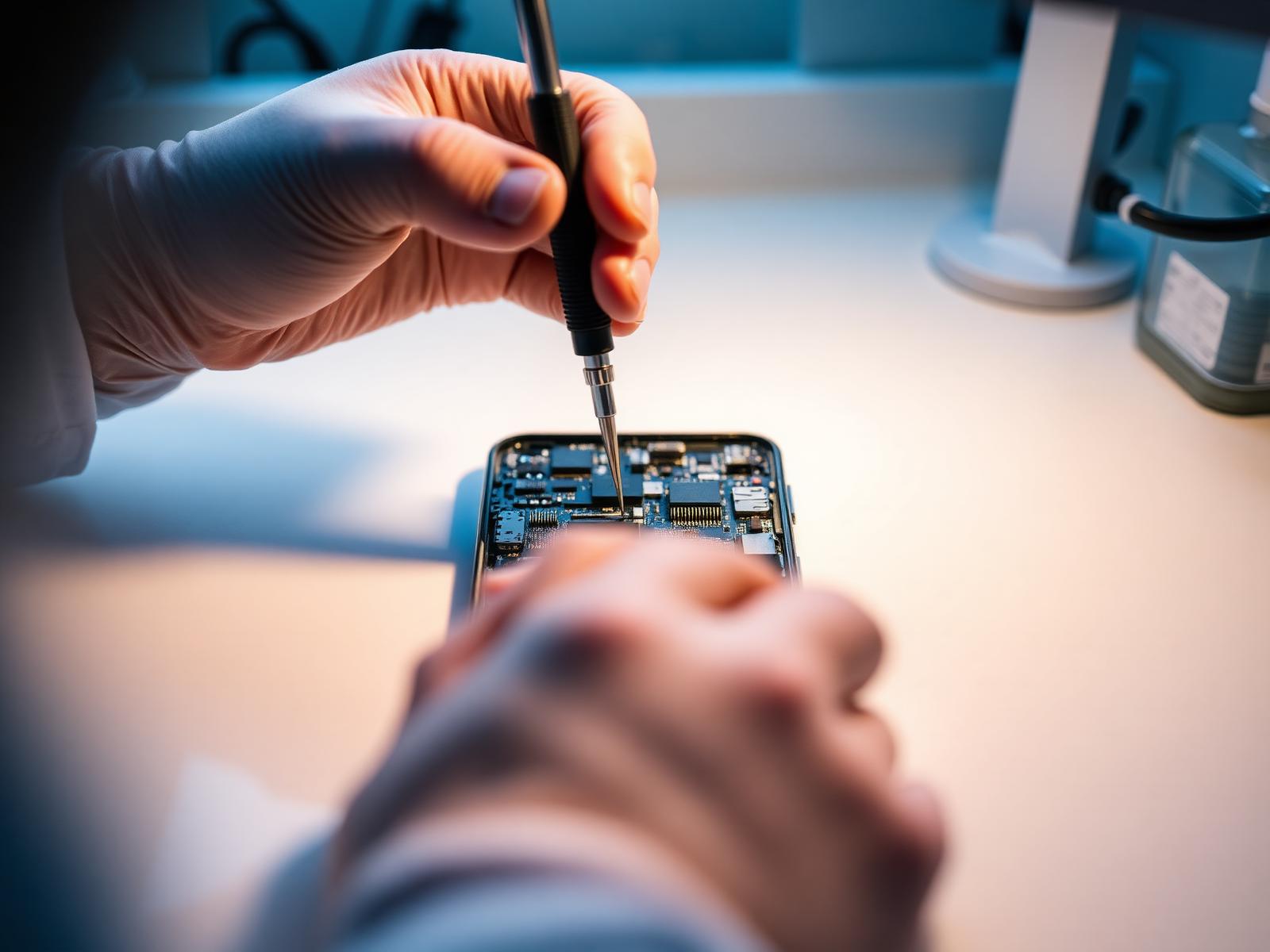 Técnico utilizando ferramentas profissionais em smartphone